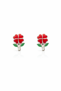 Cute Red Flower Earrings Green Leaf Studs