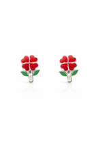 Cute Red Flower Earrings Green Leaf Studs