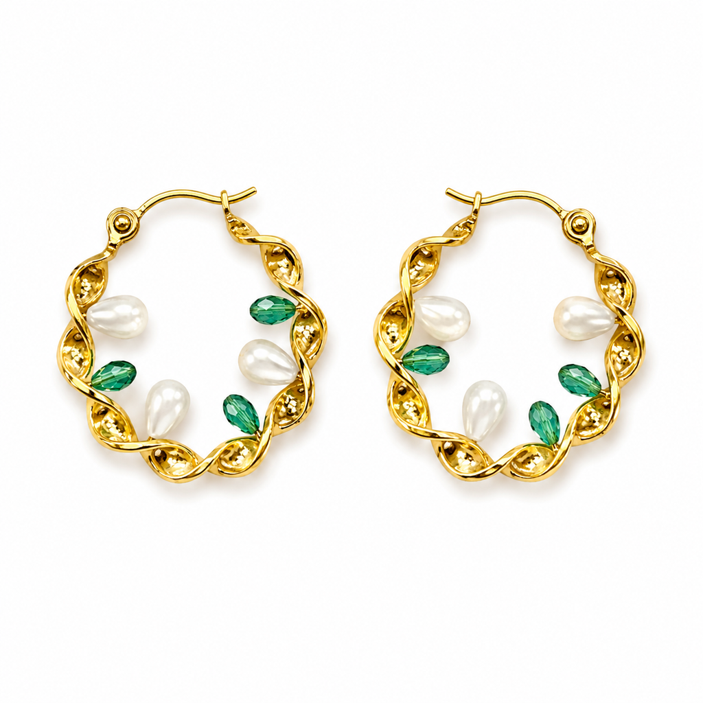 Twisted Gold Hoop Earrings with Pearl & Emerald Green Accents