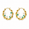 Twisted Gold Hoop Earrings with Pearl & Emerald Green Accents