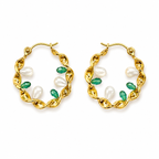 Twisted Gold Hoop Earrings with Pearl & Emerald Green Accents