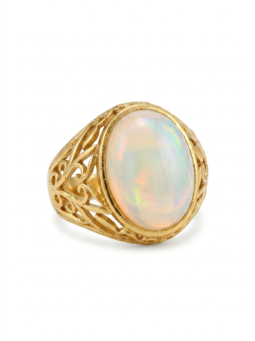 Natural Opal Ring | Oval Opal Statement Ring | Gold Filigree Ring