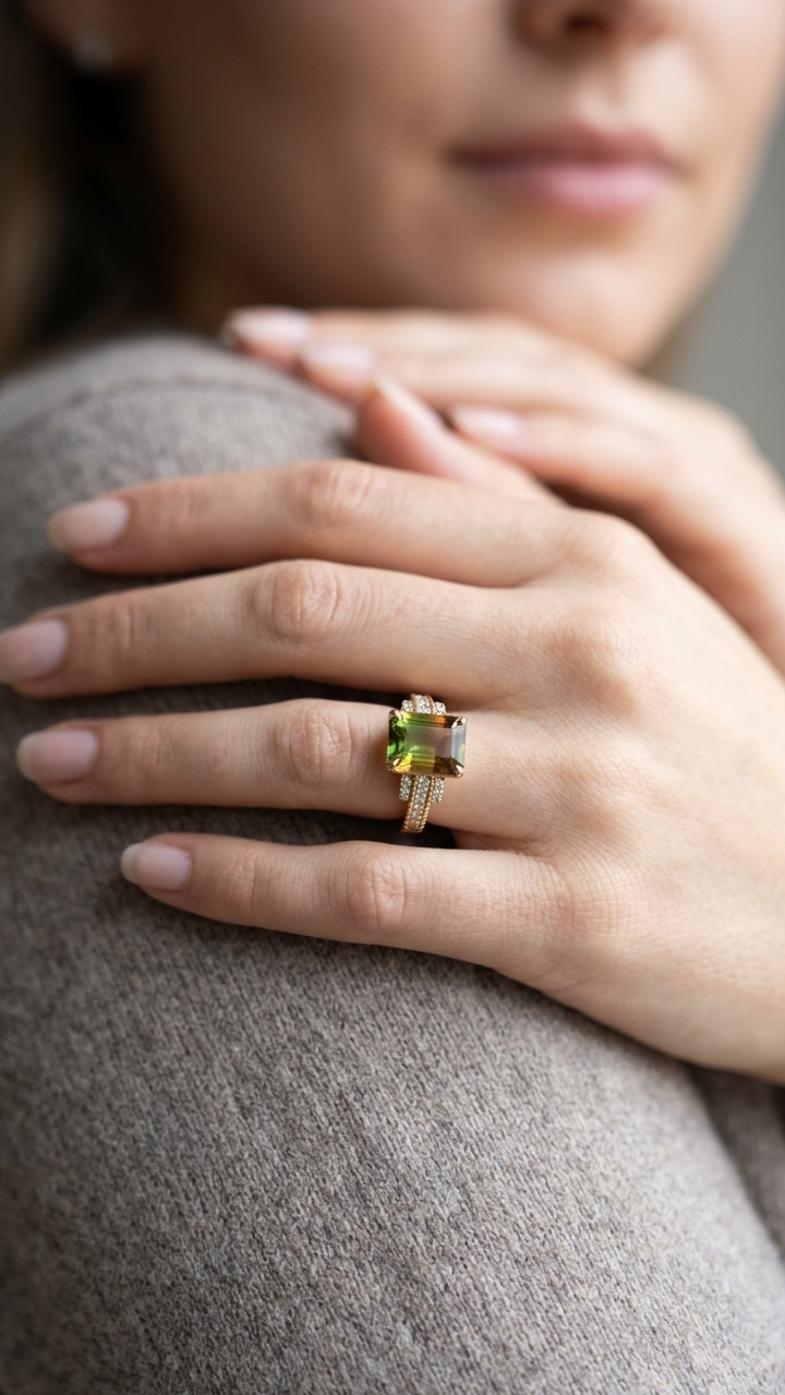 Bi-Color Tourmaline Statement Ring in Gold Finish