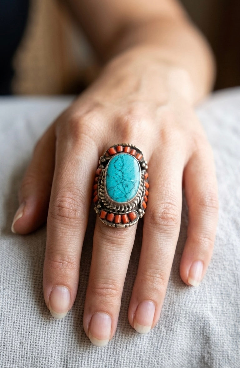 Vintage Turquoise & Coral Statement Ring, Handmade Tribal Silver Ring