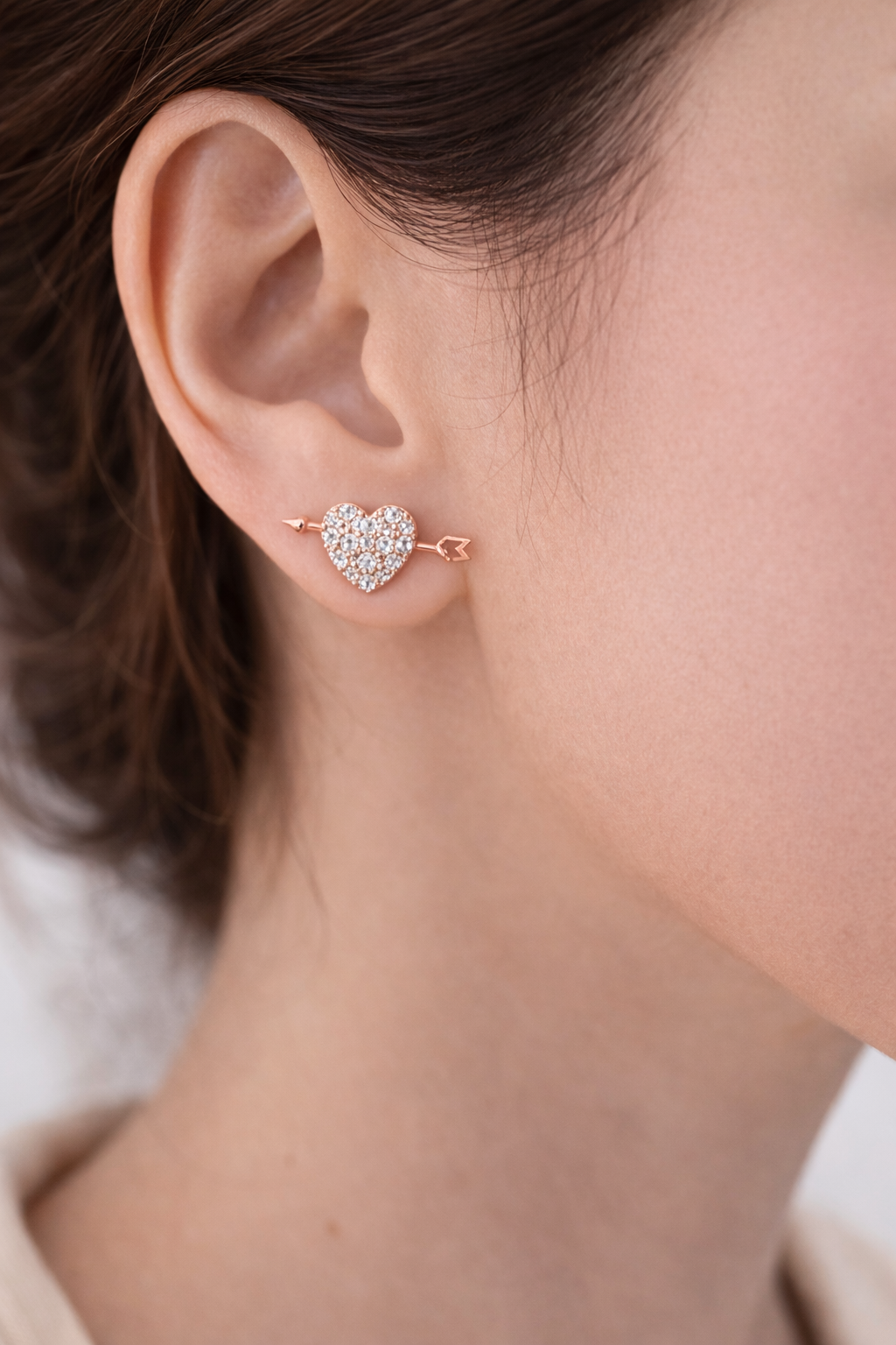 Rose Gold Heart Arrow Stud Earrings Crystal Pave
