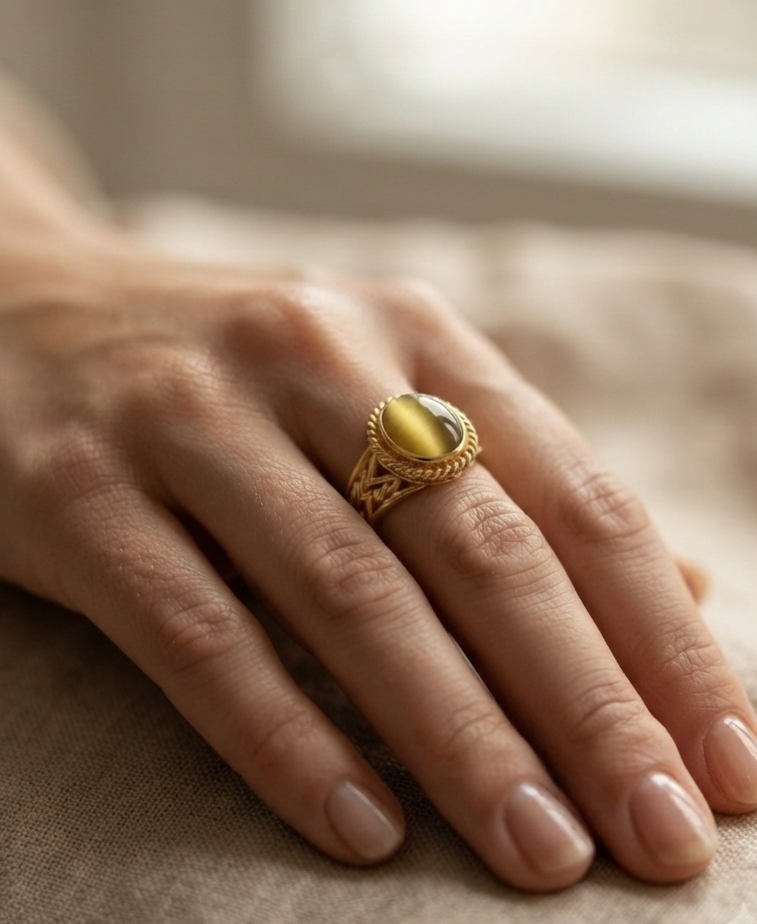 Golden Tiger’s Eye Cabochon Ring in 18K Gold Plated