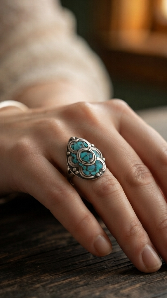 Vintage Tibetan Turquoise Ring, Handmade Nepali Tribal Statement Ring