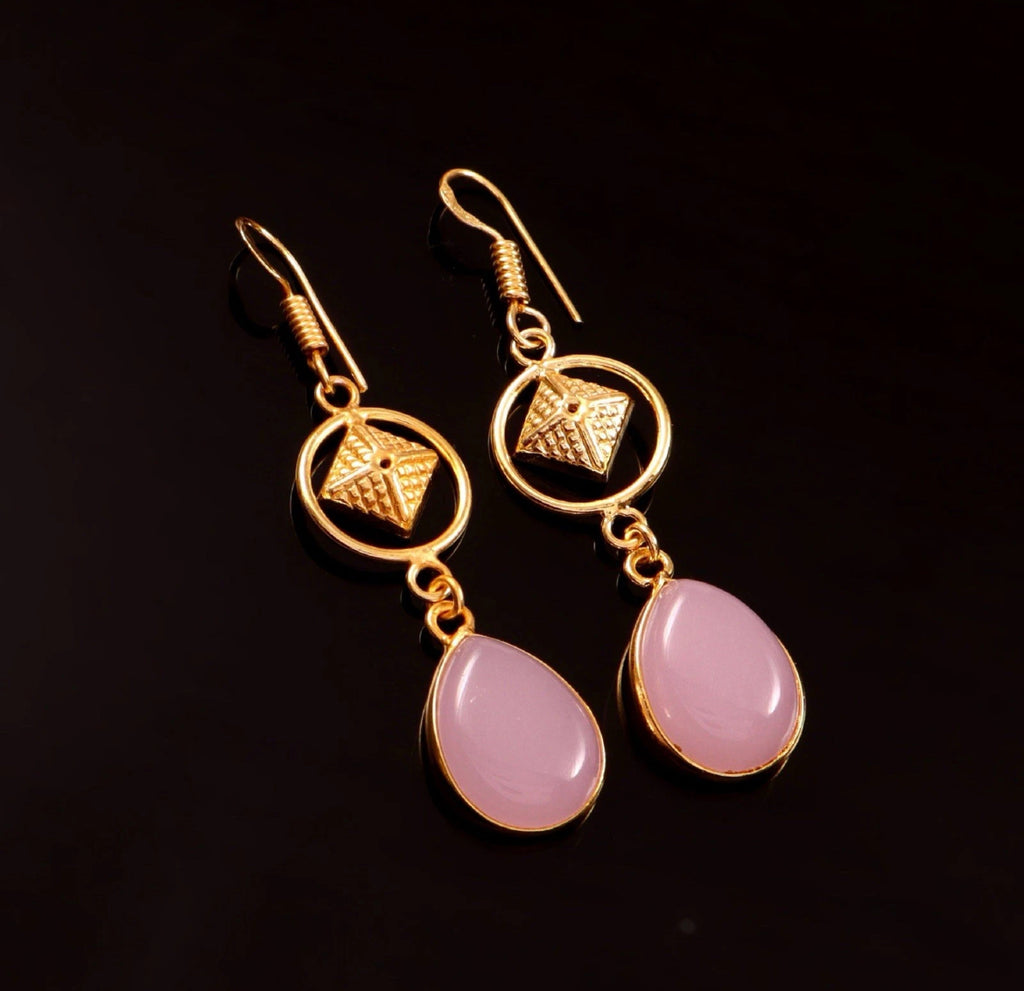Gold Tone Rose Quartz  Drop Earrings Teardrop