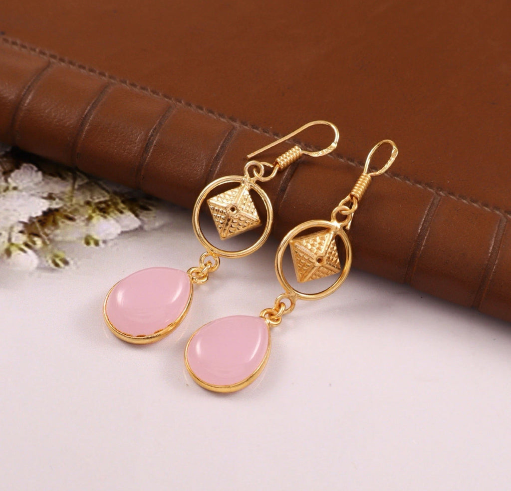 Gold Tone Rose Quartz  Drop Earrings Teardrop