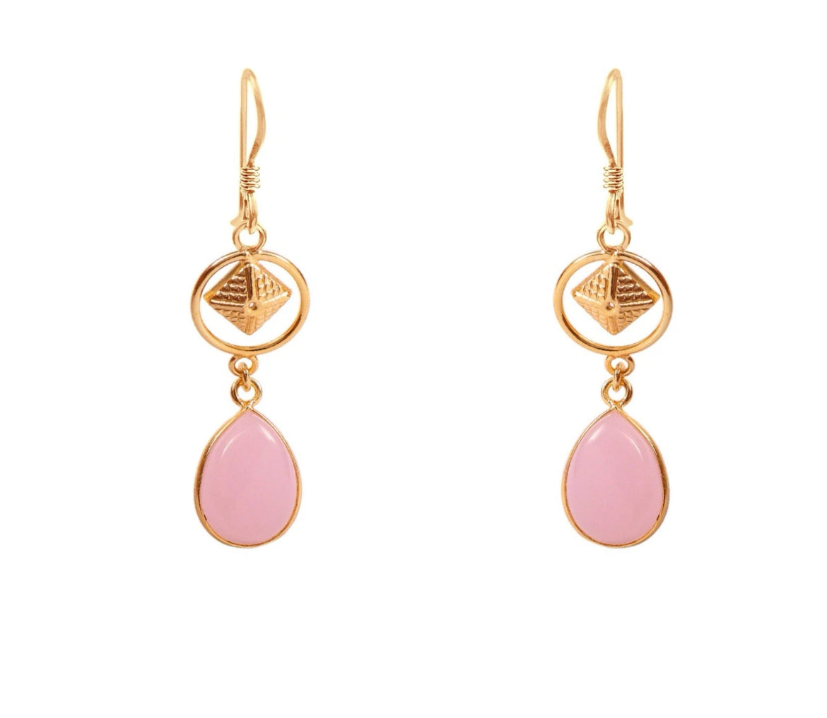 Gold Tone Rose Quartz  Drop Earrings Teardrop