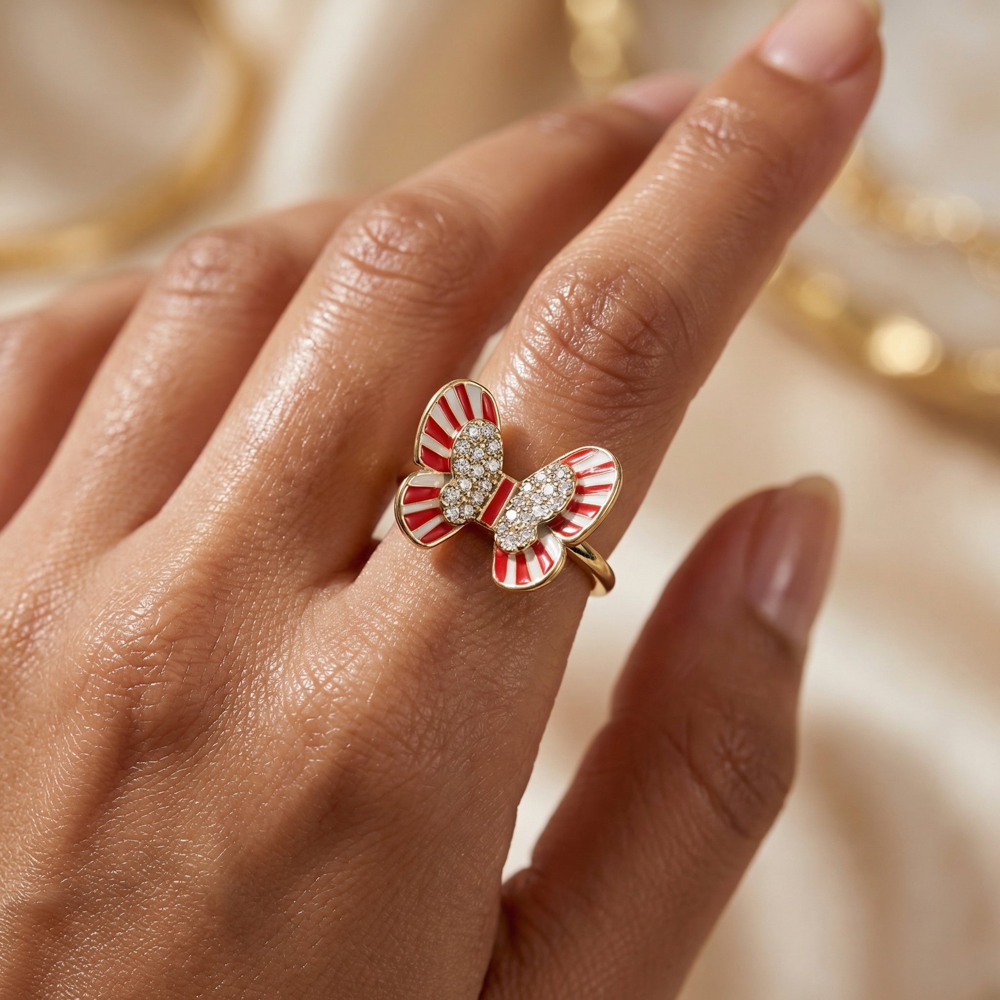 Butterfly Bow Ring in Gold – Red Enamel Cute Statement Ring