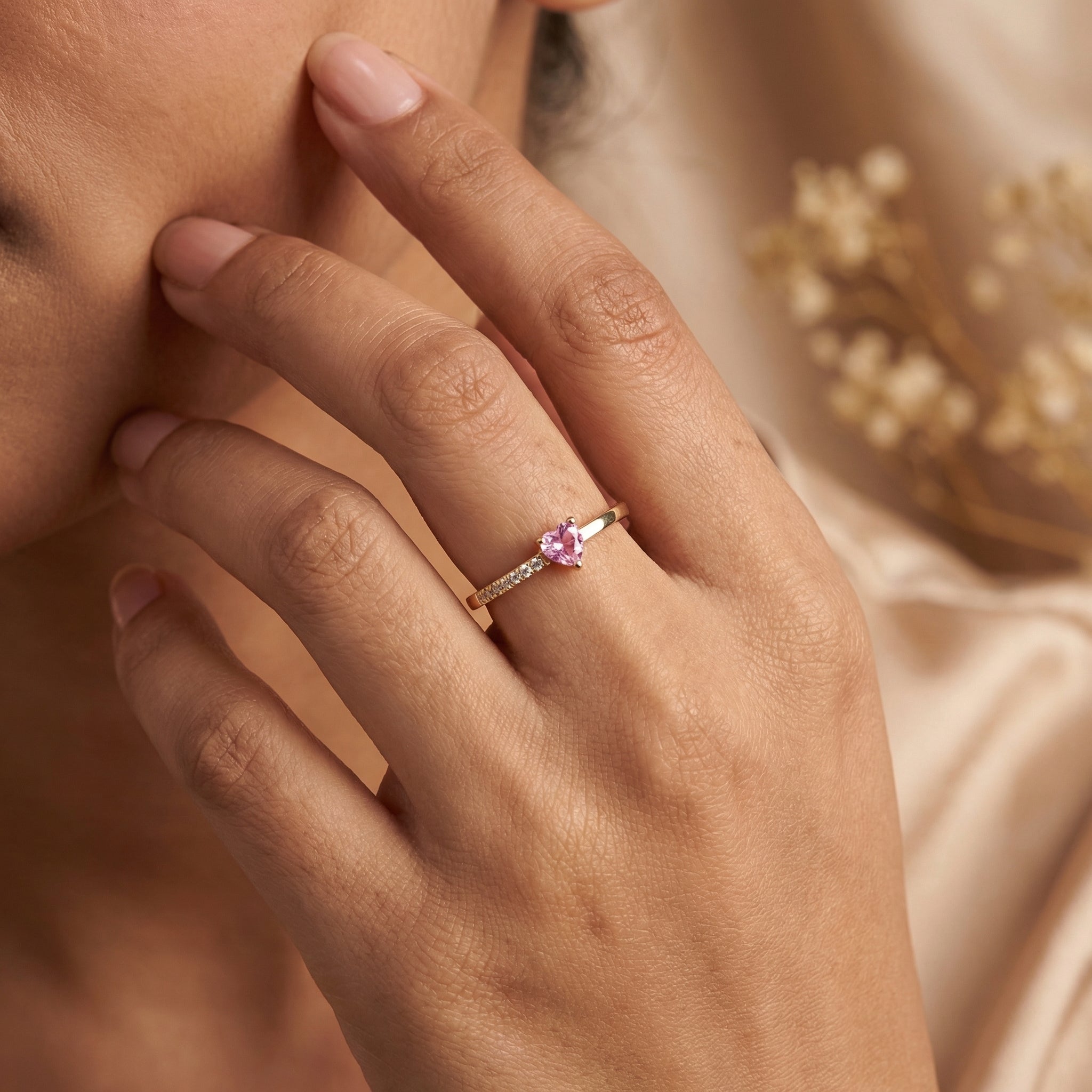 Delicate Pink Heart Diamond Ring in Rose Gold