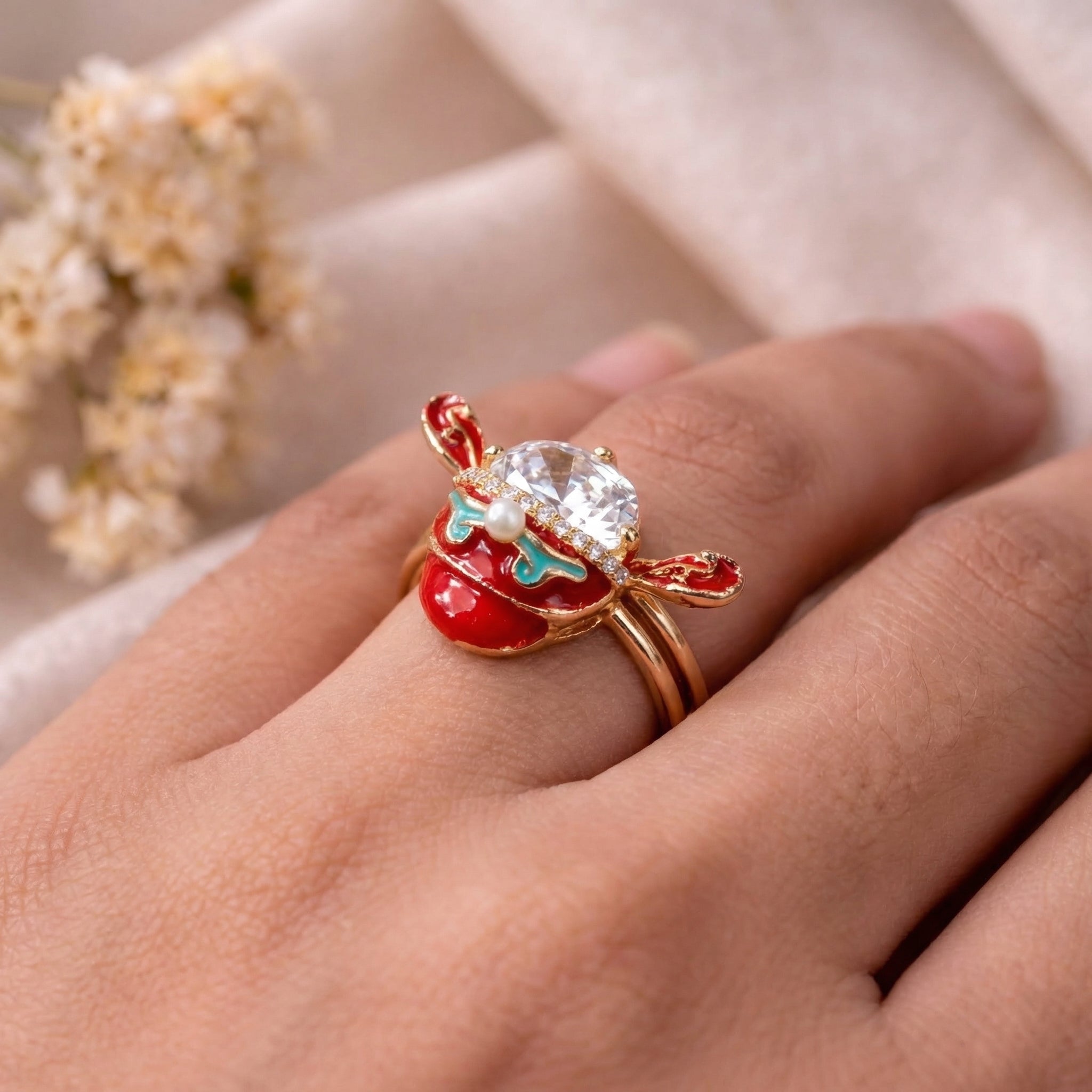 Red Enamel Bee Crystal Statement Ring