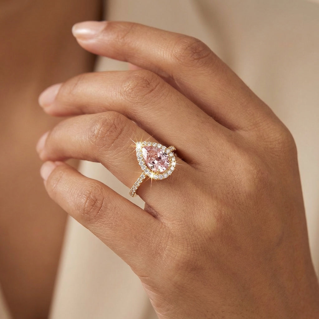 Blush Pear Halo Ring in Gold Finish