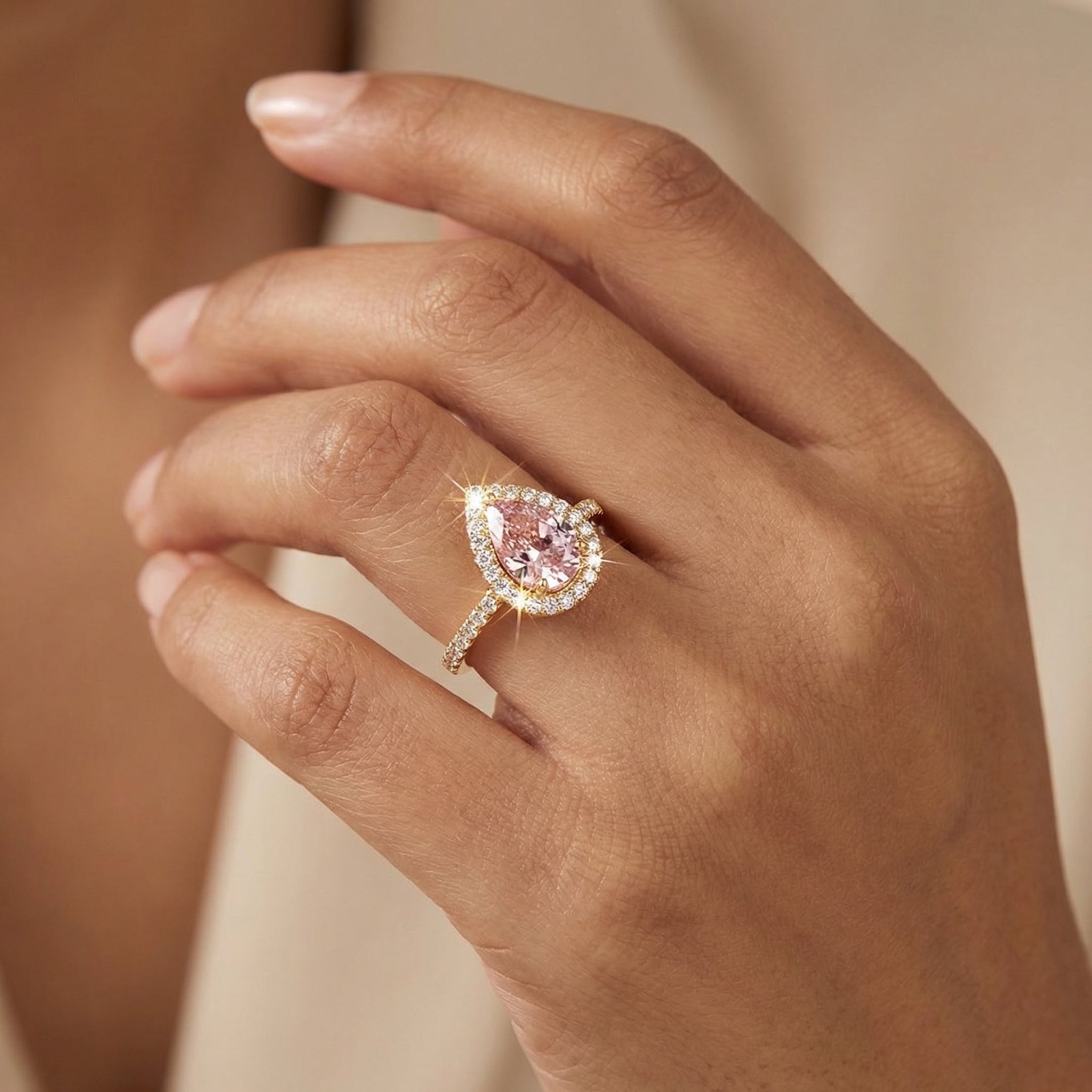 Blush Pear Halo Ring in Gold Finish