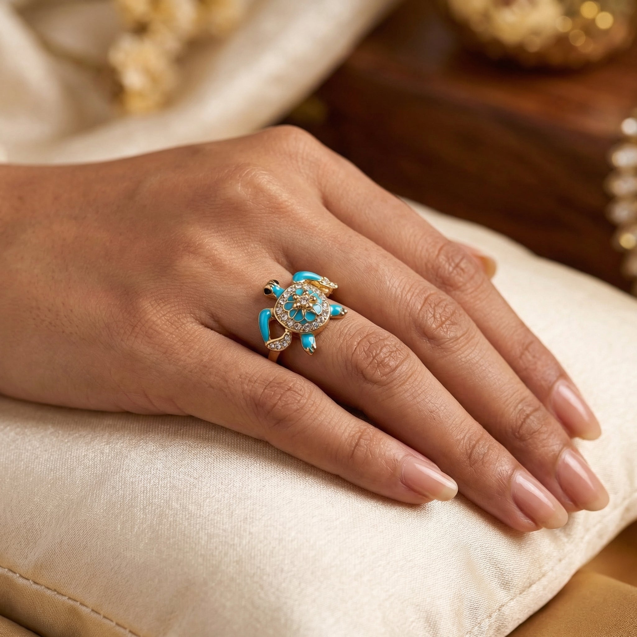 Turquoise Turtle Ring in Gold Cute Ocean Inspired Statement Ring