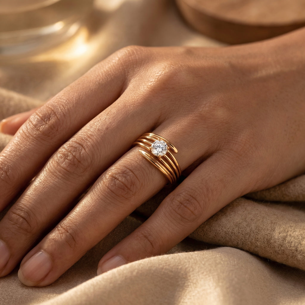 Rose Gold Diamond Ring – Minimal Triple Band Solitaire Ring