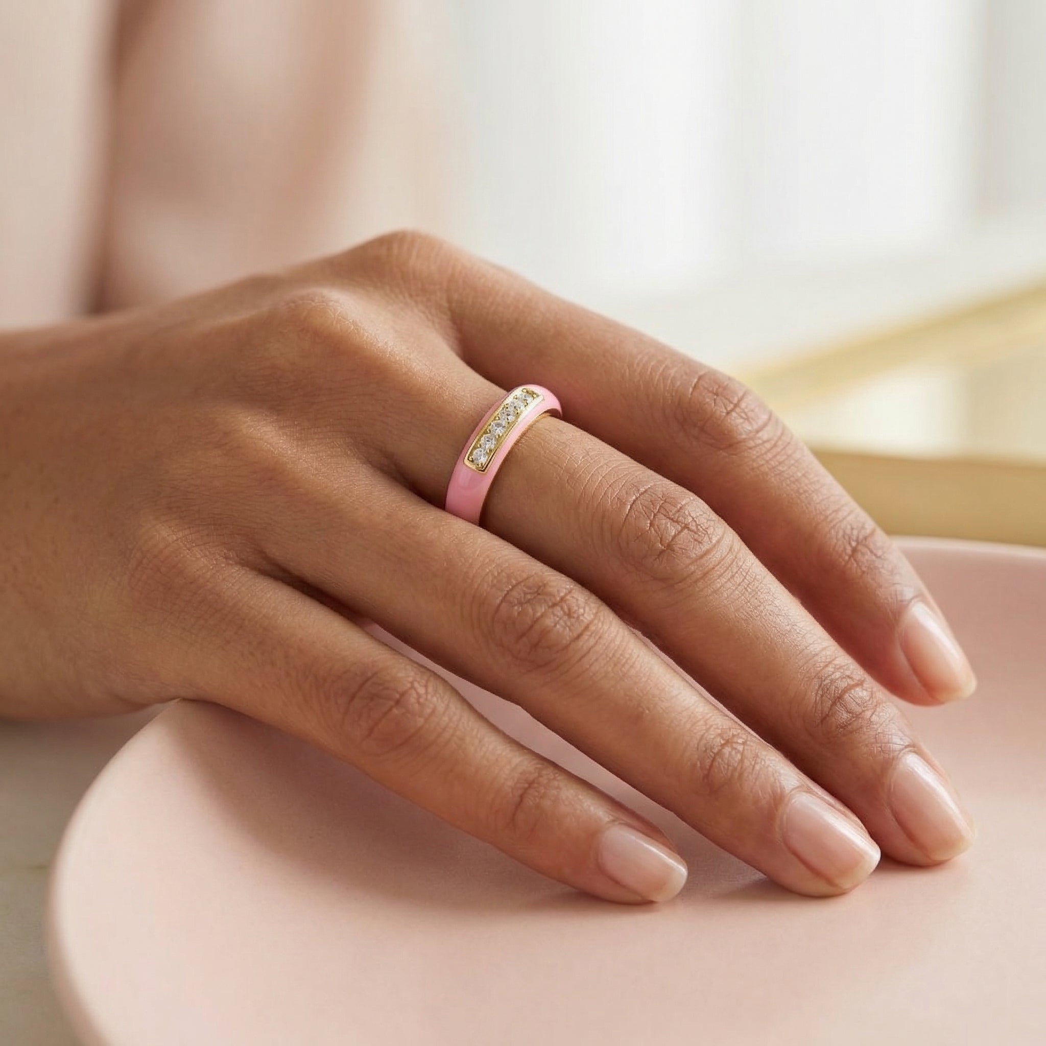 Pink Enamel Diamond Band Ring in Gold