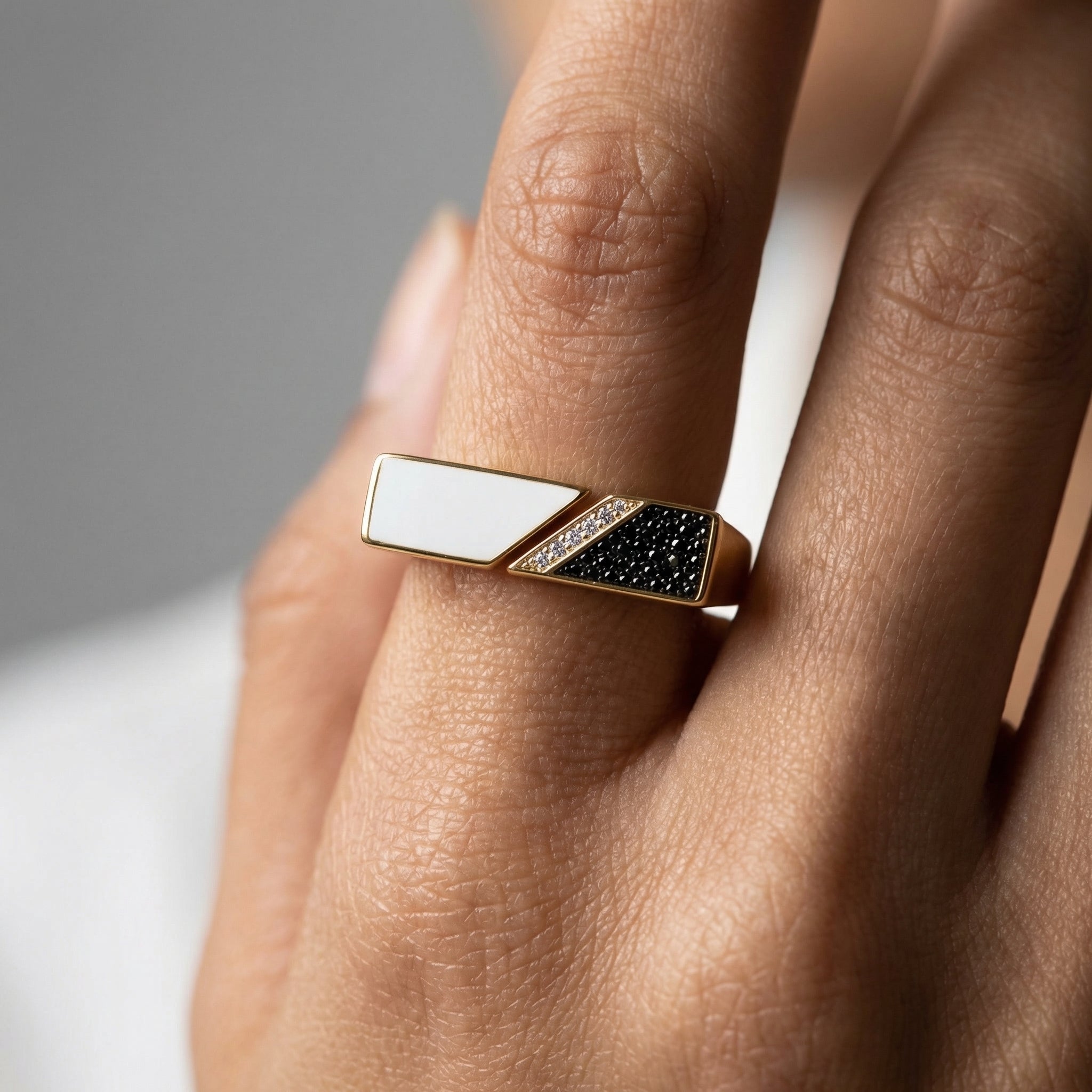 Geometric Black & White Enamel Gold Ring