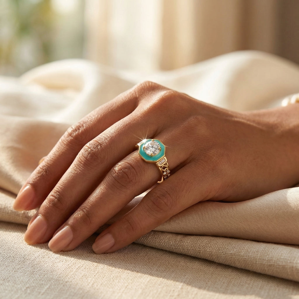 Vintage Turquoise Enamel Gold Ring with Center Stone